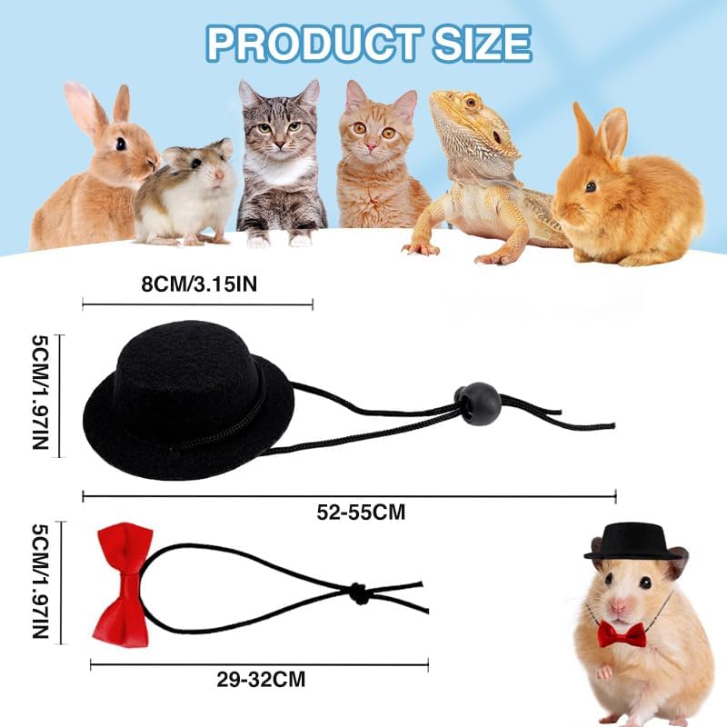 hokable 2pcs Guinea Pig Clothes Small Animal Bow Tie Pet Hat Costume Set Role Play Cute Pet Hat Bow Tie for Hamster Guinea Pig Rabbit Chinchilla Hedgehog（Black hat + red Bow tie） - Image 2